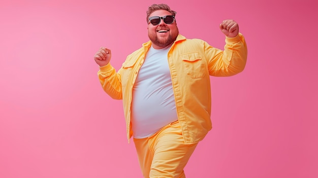 Photo plus size happy man dancing in yellow pajamas pink background fun party concept