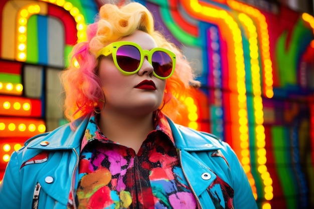 Plus size modern woman rocking modern against the vibrant neon streets