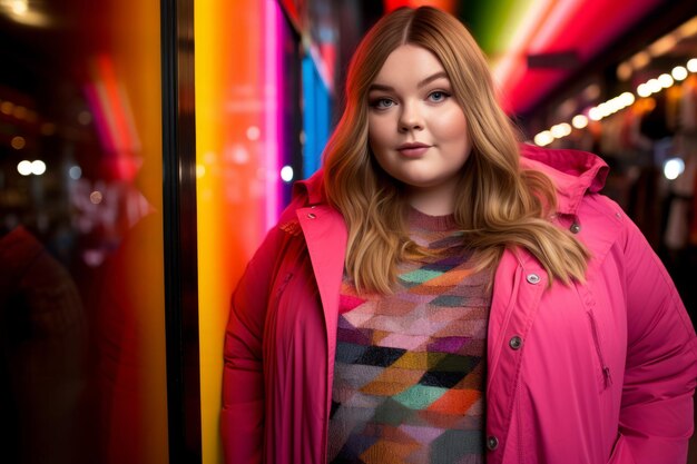 Plus size modern woman rocking modern against the vibrant neon streets