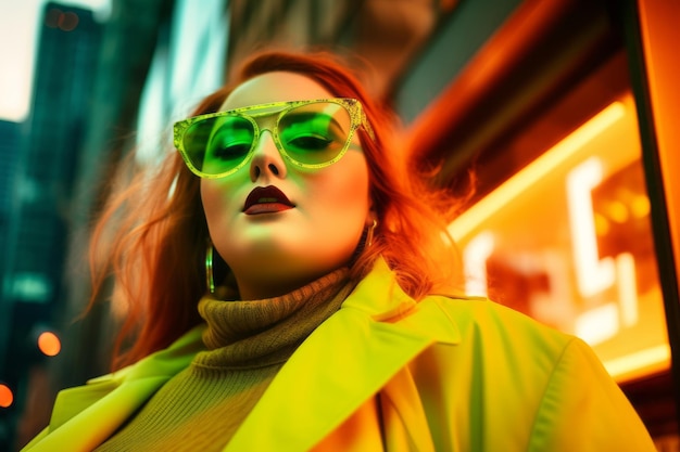 Photo plus size modern woman rocking modern against the vibrant neon streets