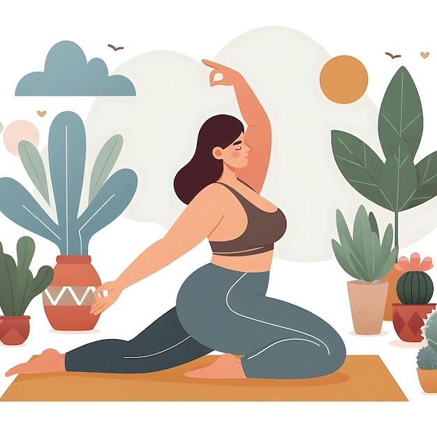 Plus size woman doing yoga flat style illustration white background isolated pastel colors postcard