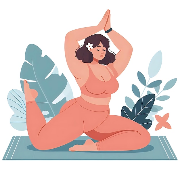 Plus size woman doing yoga flat style illustration white background isolated pastel colors postcard