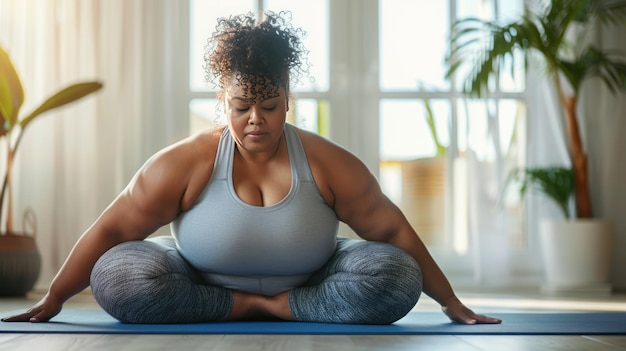 Photo plus size woman in sportswear doing yoga move on mat at home