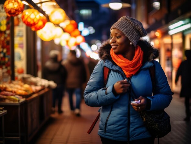 Plus size woman walking confidently through the vibrant neon lit streets