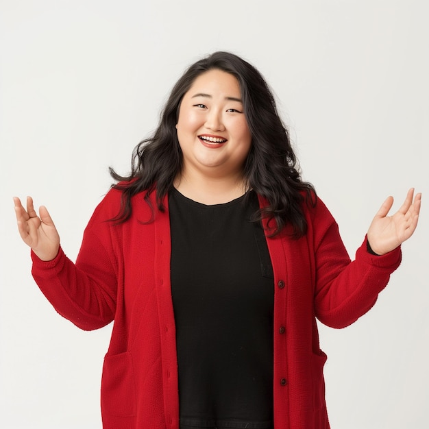 plus size woman welcoming friend stretching out open hands