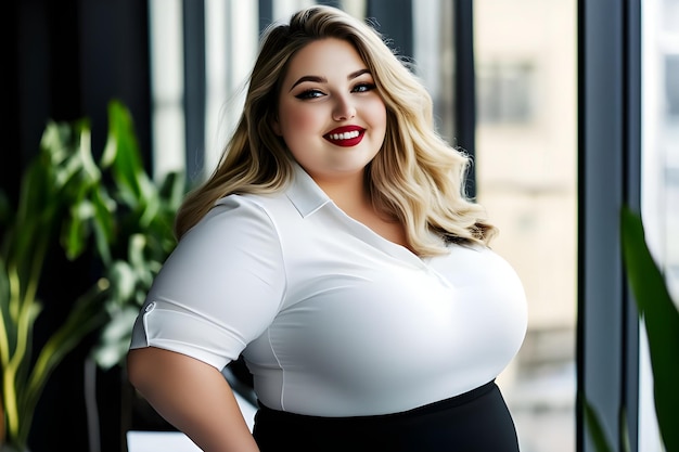 Photo a plus size woman with blonde hair and a white shirt is posing for a photo