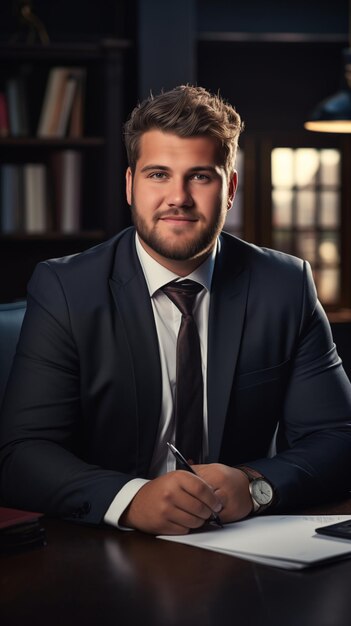 Plus sized business man posing in his office