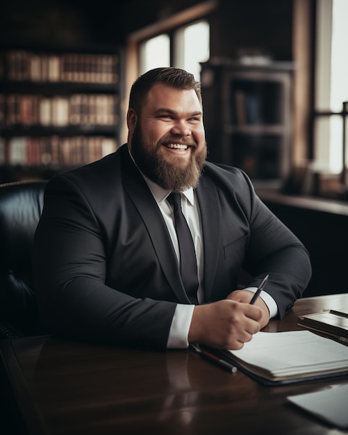 Plus sized business man posing in his office