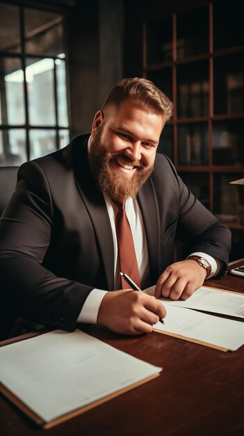 Plus sized business man posing in his office