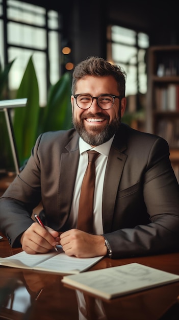 Plus sized business man posing in his office