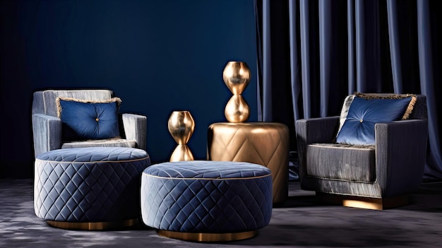 Plush ottomans set beside a modern sculptural centerpiece