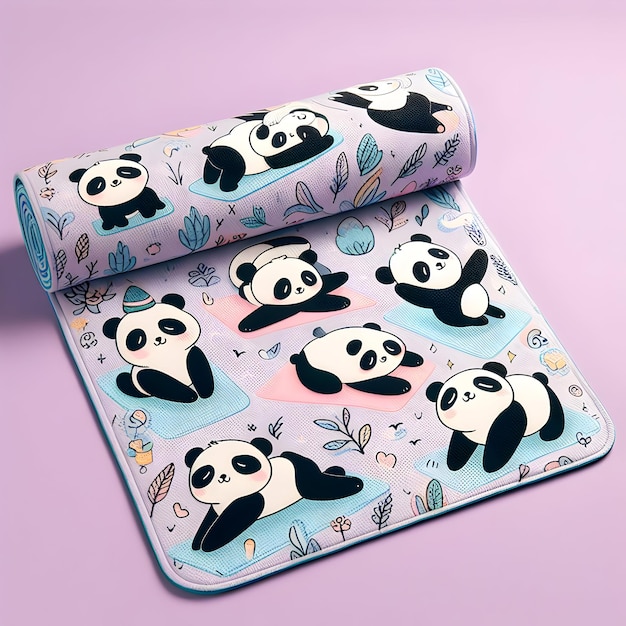 A plush pastelcolored yoga mat adorned with playful doodles of serene pandas stretching in various