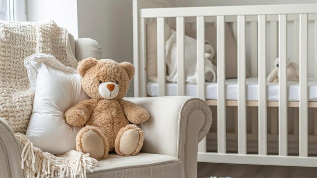 Photo a plush teddy bear sitting on an armchair in a baby nursery room next to a crib with a white linen blanket and pillow