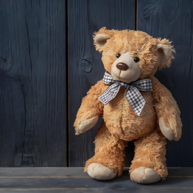 Plush teddy bear with checkered bow against wooden backdrop