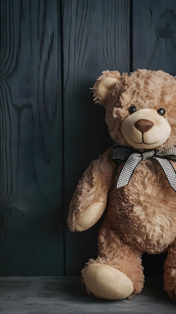 Plush teddy bear with checkered bow against wooden backdrop