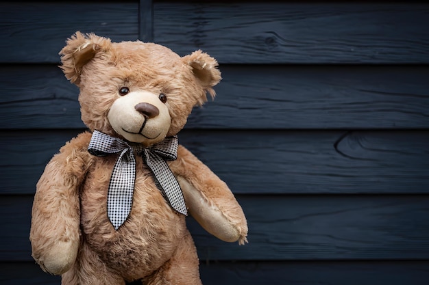 Plush teddy bear with checkered bow against wooden backdrop