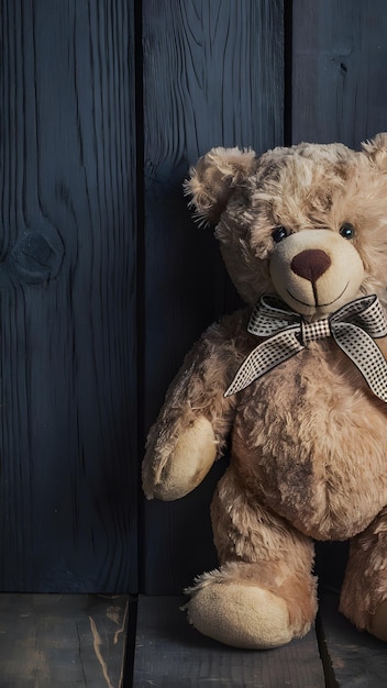 Plush teddy bear with checkered bow against wooden backdrop