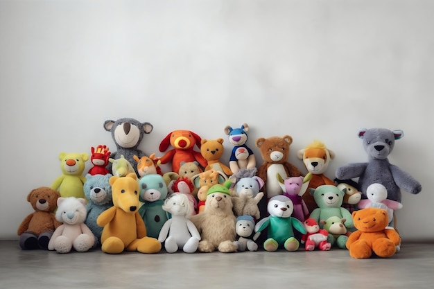 Plush toy collection displayed on a white wall AI