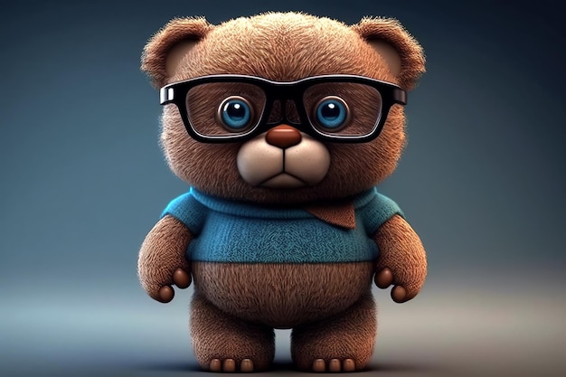 Plush toy cute teddy bear with glasses on blue background Generative AI illustration