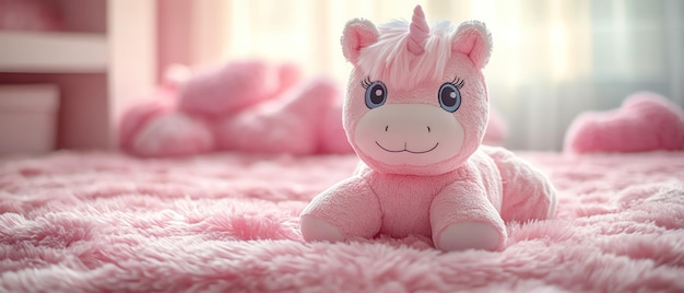 Plush unicorn toy on a pastel pink background soft and whimsical centered shot