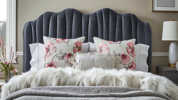 a plush velvet bed adorned with a gray and mustard yellow flower pattern complemented by a bipartite continuity pattern plush blanket and white furry pillows at both ends