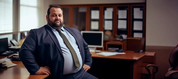 a plussize business manager or ceo in a suit and tie standing in an office