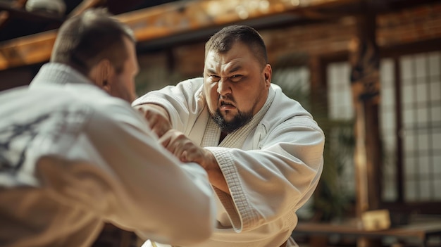 Plussize man practicing judo with a partner showing technique and focus