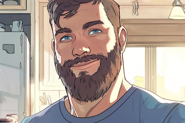 A plussize man with blue eyes and a beard smiles