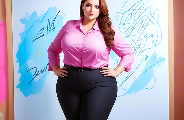 A plussize manager in smart blouse standing in front of a whiteboard and presenting a new project