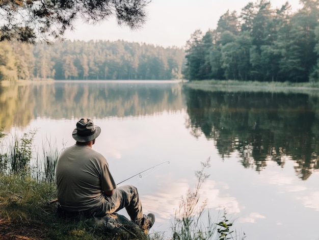 Photo a plussized man fishing by a calm lake the peaceful surroundings reflecting his relaxed state of mind