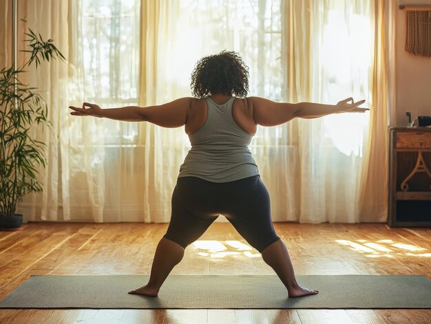 A plussized person practicing yoga in a serene studio demonstrating strength and flexibility in their practice