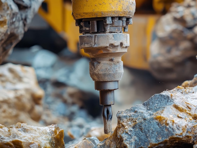 Photo pneumatic drill penetrating rock in mining operation scene