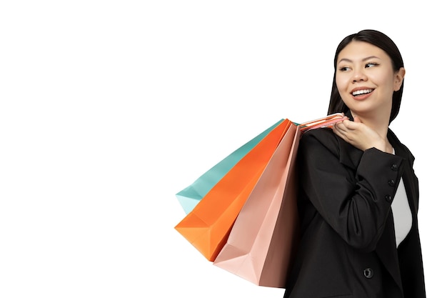 PNG Asian girl with shopping bags isolated on white background