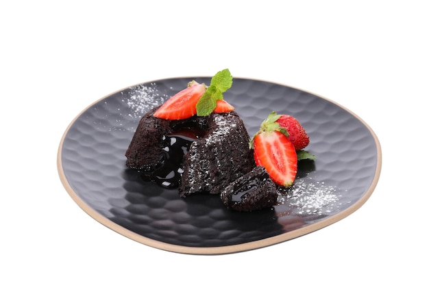 PNG Chocolate fondant with strawberries on plate isolated on white background