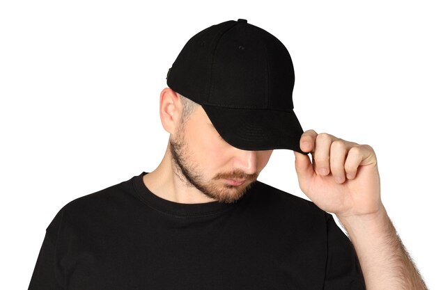 Photo png a guy in a black tshirt and a cap isolated on white background