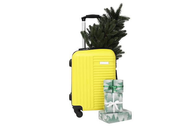 Photo png suitcase with christmas tree and gift boxes isolated on white background