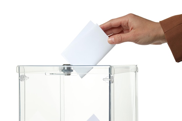 Photo png transparent box and hand with voting paper isolated on white background