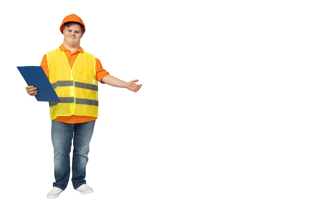 PNGsmiling young man with down syndrome in work uniform with hard hat on his headisolated on white background