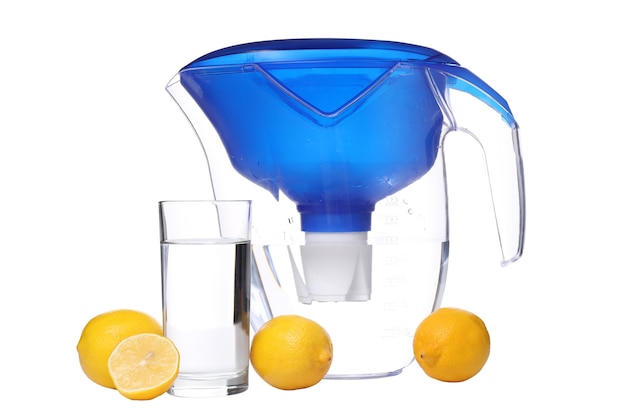 PNGWater filter with fresh lemons and glass isolated on white background