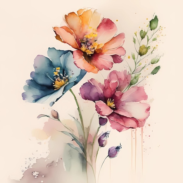 Pnk and blue flowers watercolor drawing AI generative