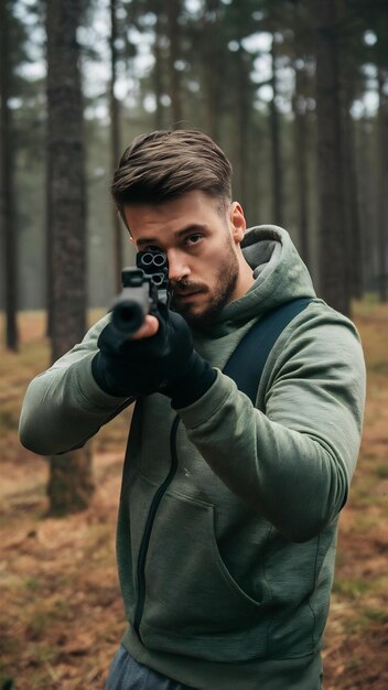 Photo pntball man with gun shooting target in forest battlefield competition or games for fun adventure t