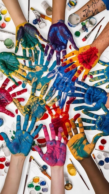 Photo pnted handprints with artistic equipment