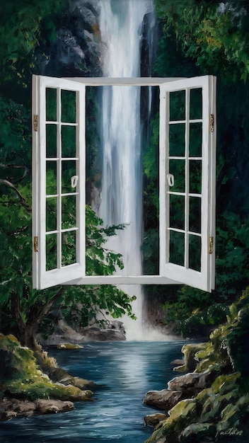 Photo a pnting of a window with a waterfall in the background