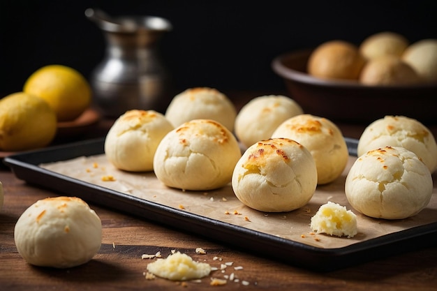 Photo po de queijo on a baking tray fresh out of the oven