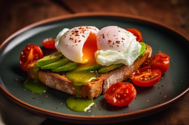 Poached egg on toast with avocado and cherry tomatoes on wooden background