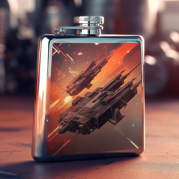 A pocket flask that has a picture of a spaceship on it