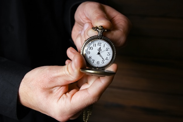 A pocket watch in the hands of a man