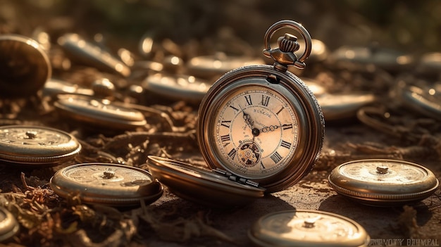 A pocket watch lies on the ground with gold coins scattered around it.