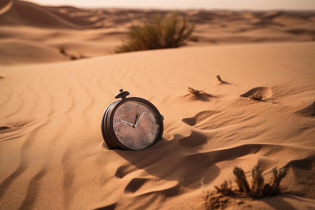 Pocket watch in the sand dunes of desert Mindfulness concept