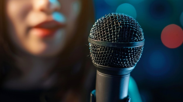 Podcast Host Speaking into Microphone CloseUp with Blurry Background